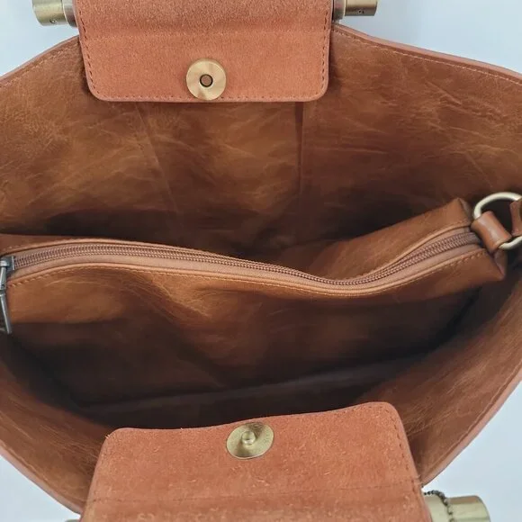 ๐ฅ Modern Suede + Faux Leather Convertible Tote Bag โ Rich Cognac Brown - Picture 10 of 14